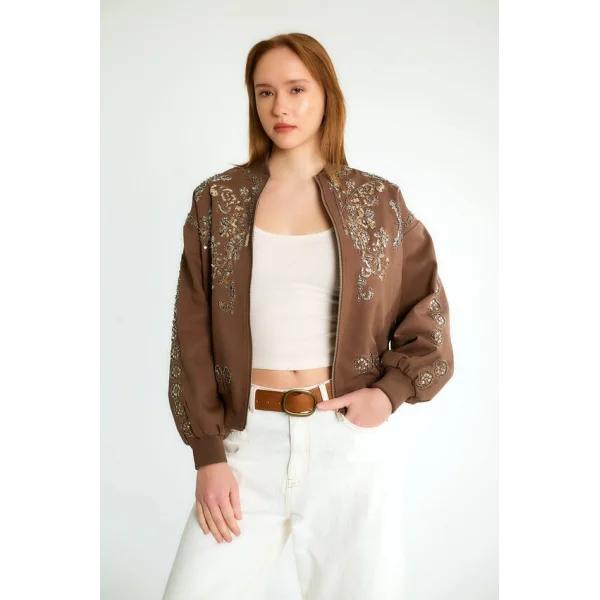 Boncuk İşlemeli Denim Bomber Mont-Kahverengi