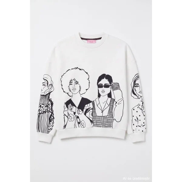 Portre Baskılı Bisiklet Yaka Sweatshirt Ekru