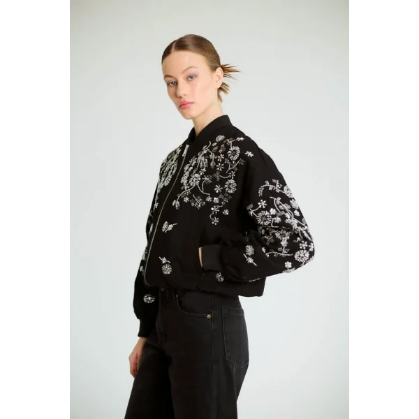 Boncuk İşlemeli Denim Bomber Mont-Siyah