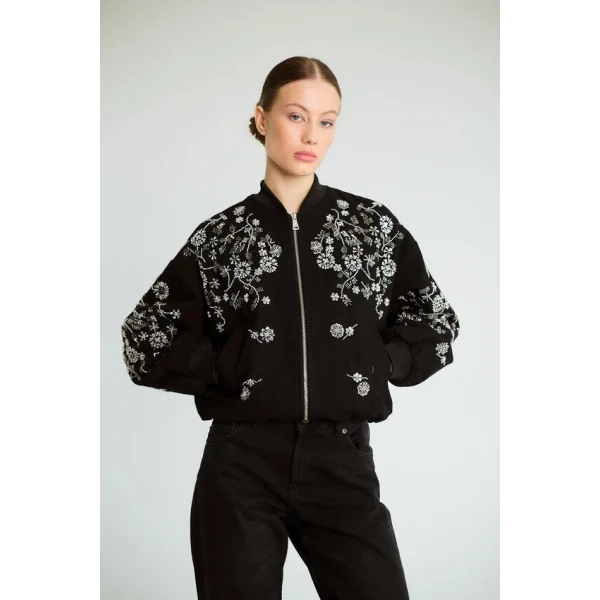 Boncuk İşlemeli Denim Bomber Mont-Siyah