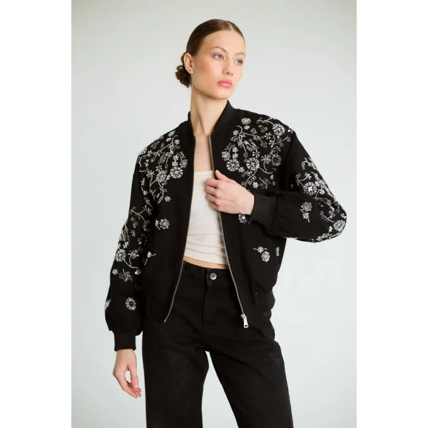 Boncuk İşlemeli Denim Bomber Mont-Siyah