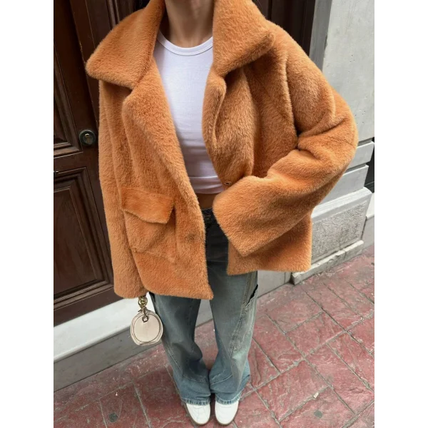 Cepli Alpaka Kürk Kısa Kaban-Turuncu