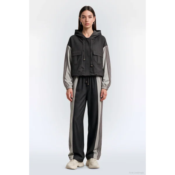 Çizgili Kapüşonlu Oversize Ceket Kahverengi