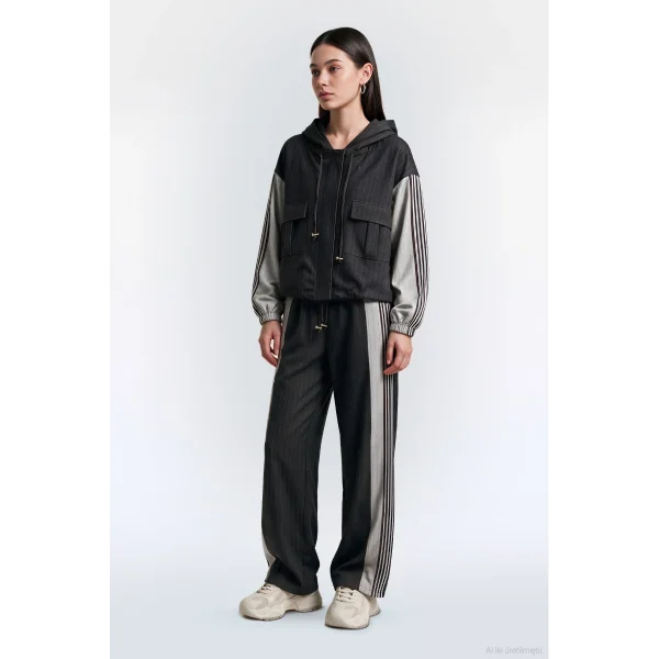 Çizgili Kapüşonlu Oversize Ceket Kahverengi