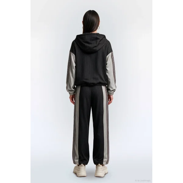 Çizgili Kapüşonlu Oversize Ceket Kahverengi