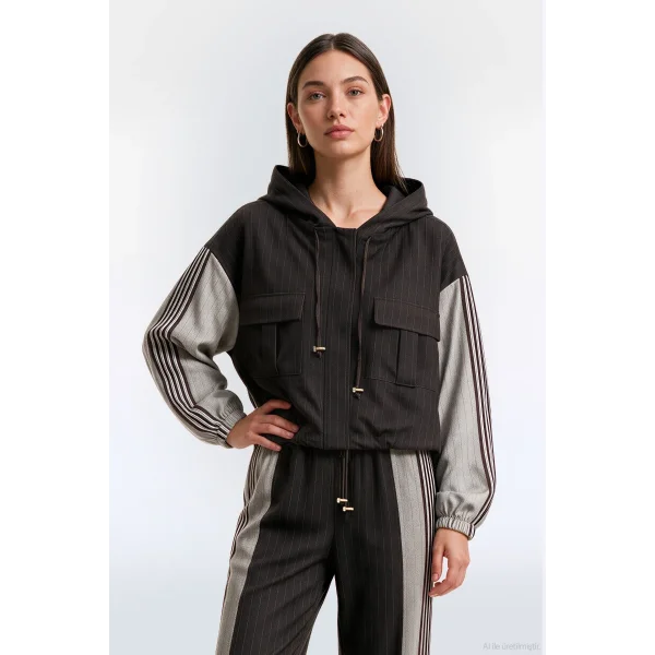Çizgili Kapüşonlu Oversize Ceket Kahverengi