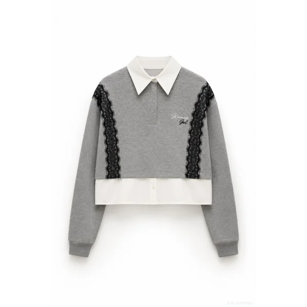 Dantel Detaylı Sweatshirt Gri Melanj