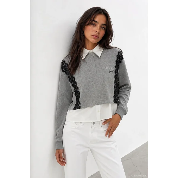 Dantel Detaylı Sweatshirt Gri Melanj