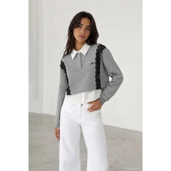 Dantel Detaylı Sweatshirt Gri Melanj