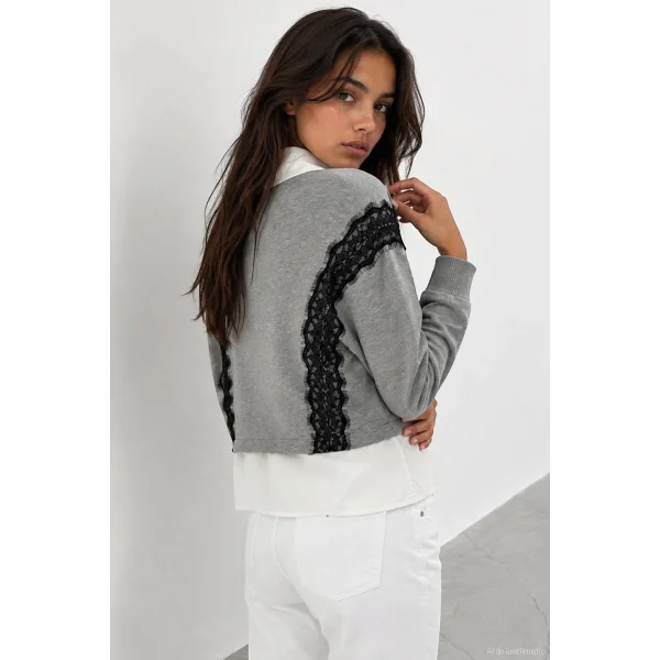 Dantel Detaylı Sweatshirt Gri Melanj