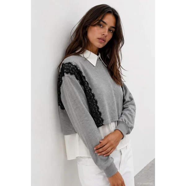 Dantel Detaylı Sweatshirt Gri Melanj
