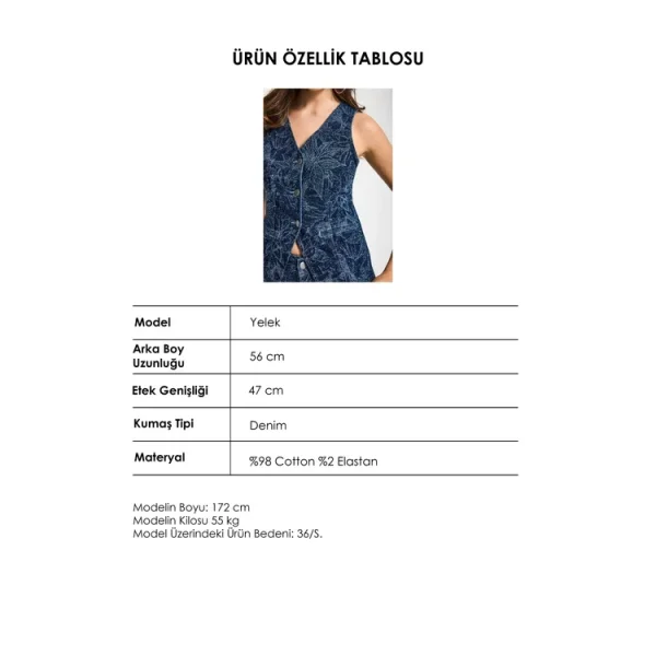 Önü Düğmeli Çiçek Desenli Parlak Taşlı Tasarım Mavi Denim Yelek