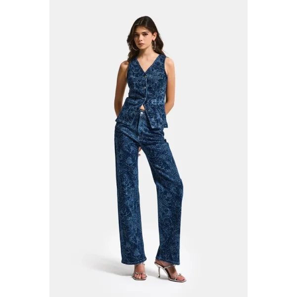 Önü Düğmeli Çiçek Desenli Parlak Taşlı Tasarım Mavi Denim Yelek