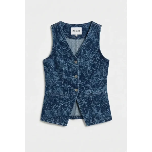 Önü Düğmeli Çiçek Desenli Parlak Taşlı Tasarım Mavi Denim Yelek