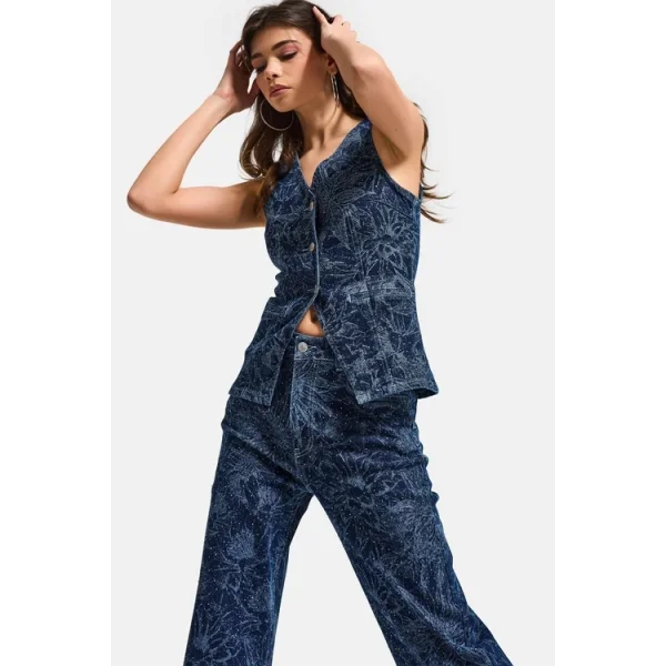 Önü Düğmeli Çiçek Desenli Parlak Taşlı Tasarım Mavi Denim Yelek