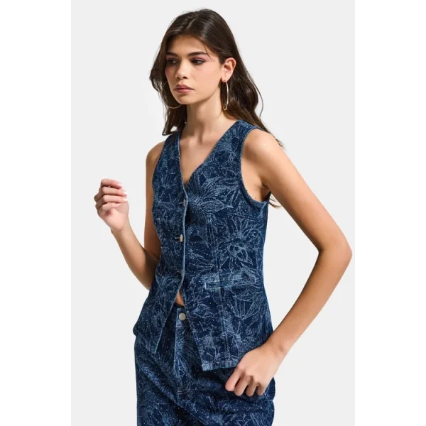 Önü Düğmeli Çiçek Desenli Parlak Taşlı Tasarım Mavi Denim Yelek