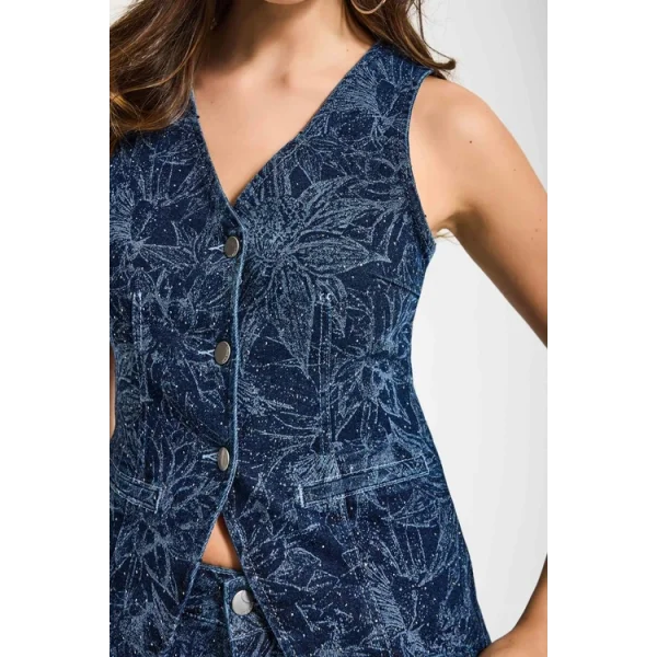 Önü Düğmeli Çiçek Desenli Parlak Taşlı Tasarım Mavi Denim Yelek