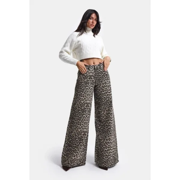 Leopar Desen Palazzo Fit Özel Denim Jean