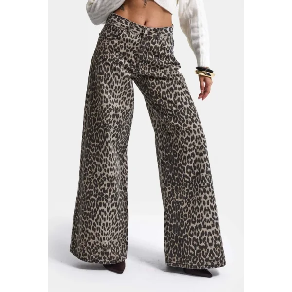 Leopar Desen Palazzo Fit Özel Denim Jean