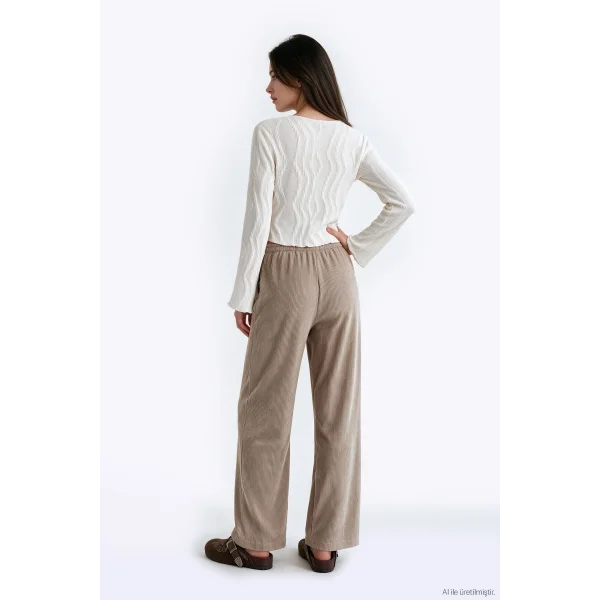 Beli Lastikli Kadife Pantolon-Camel