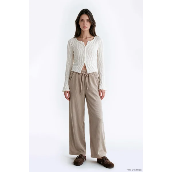 Beli Lastikli Kadife Pantolon-Camel