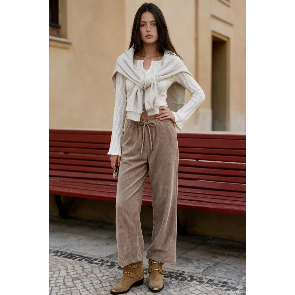 Beli Lastikli Kadife Pantolon-Camel