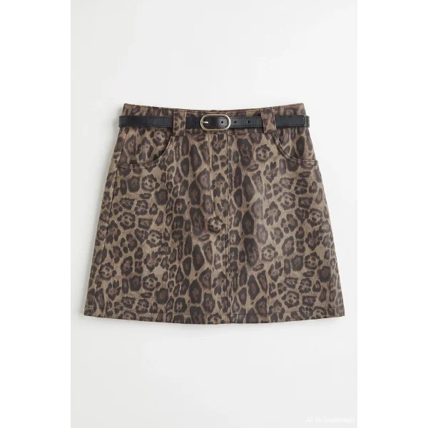 Leopar Desen Kemerli Mini Etek-Kahve