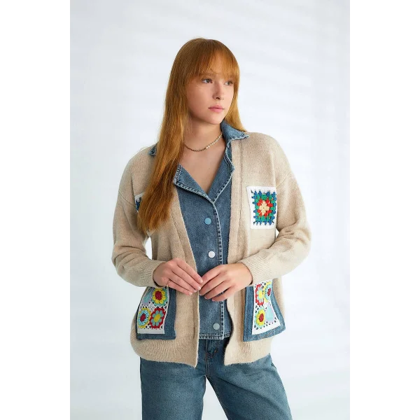 İşlemeli Denim Detay Uzun Hırka-Taş