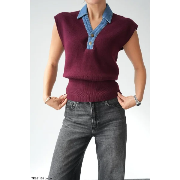 Denim Yaka Kolsuz Kazak-Bordo