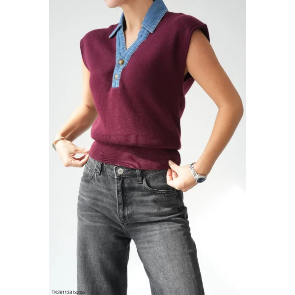 Denim Yaka Kolsuz Kazak-Bordo
