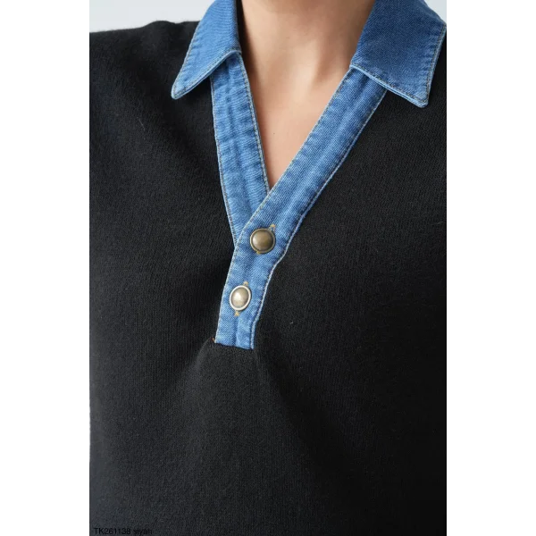 Denim Yaka Kolsuz Kazak-Siyah