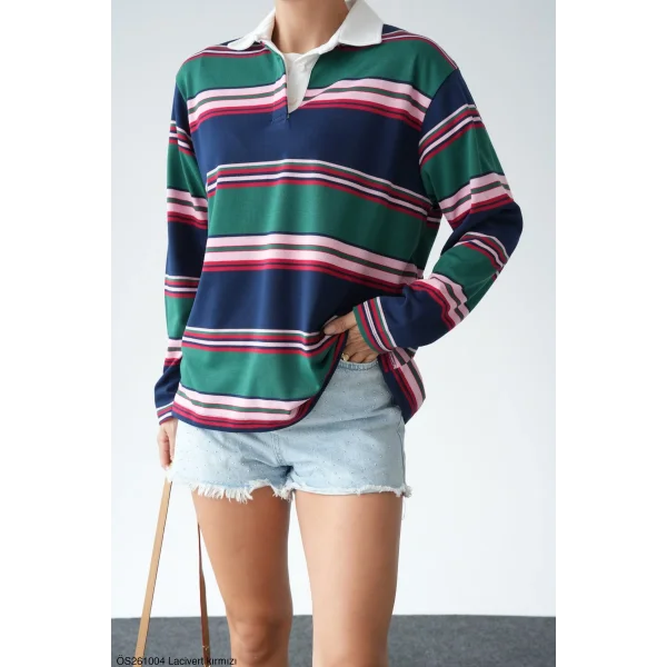 Çizgili Polo Yaka Sweatshirt