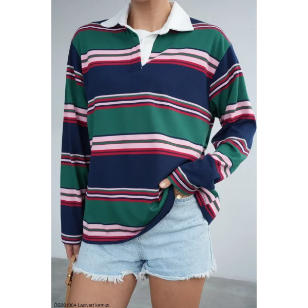 Çizgili Polo Yaka Sweatshirt