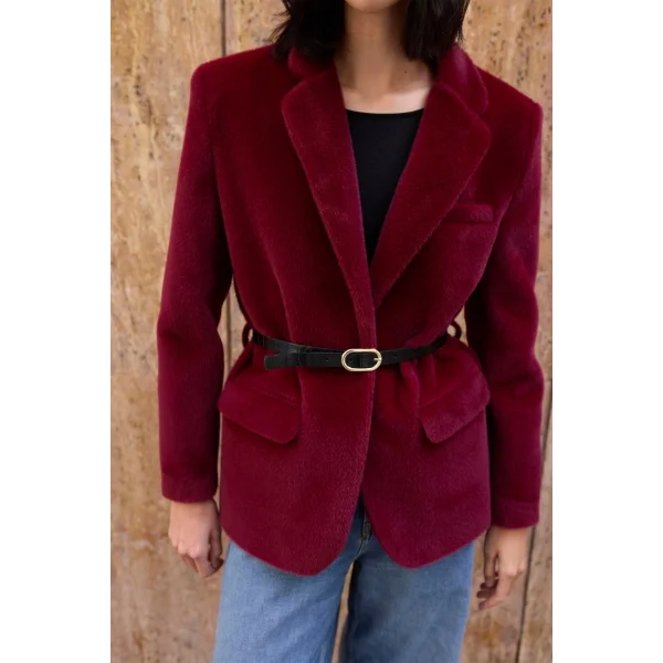 Alpaka Doku Kemerli Bordo Peluş Ceket