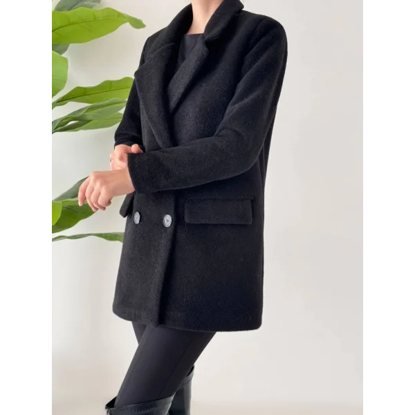 ANGORA DOKULU KISA KABAN SİYAH