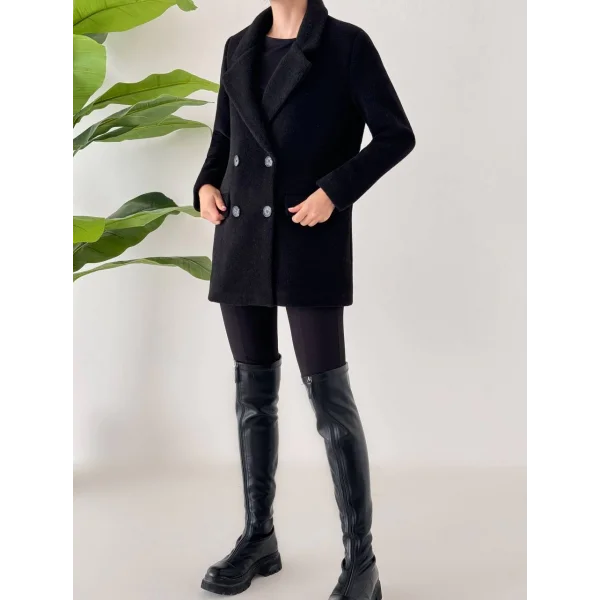 ANGORA DOKULU KISA KABAN SİYAH