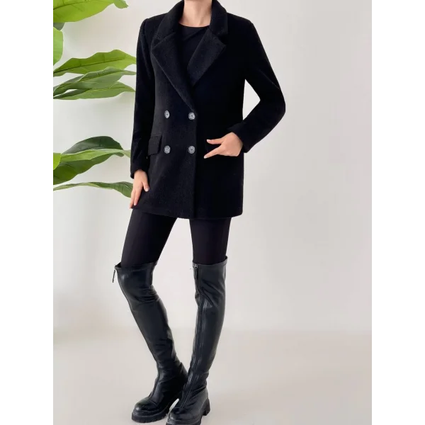 ANGORA DOKULU KISA KABAN SİYAH