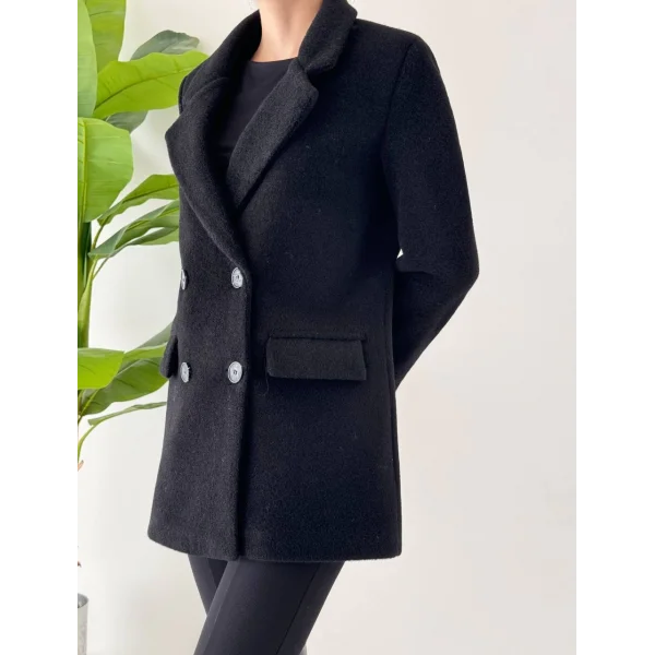 ANGORA DOKULU KISA KABAN SİYAH