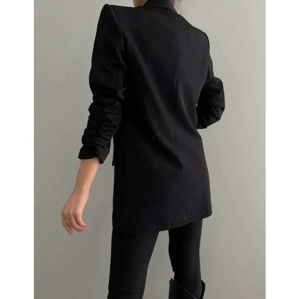 Atlas Kumaş Büzgü Kol Tam Kalıp Siyah Blazer Ceket