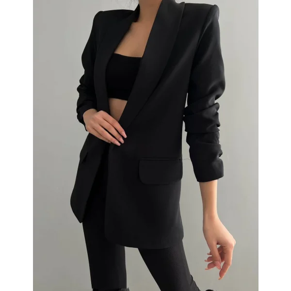 Atlas Kumaş Büzgü Kol Tam Kalıp Siyah Blazer Ceket