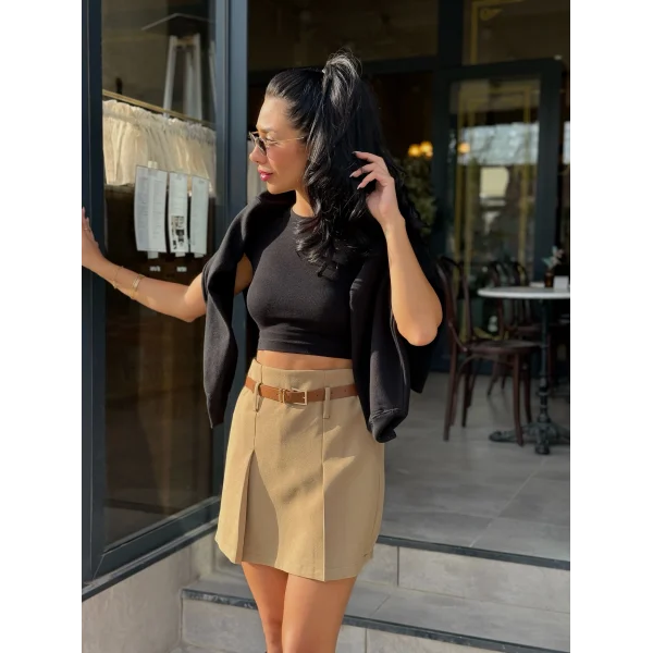 Atlas Kumaş Kemer Detay Şort Etek Haki