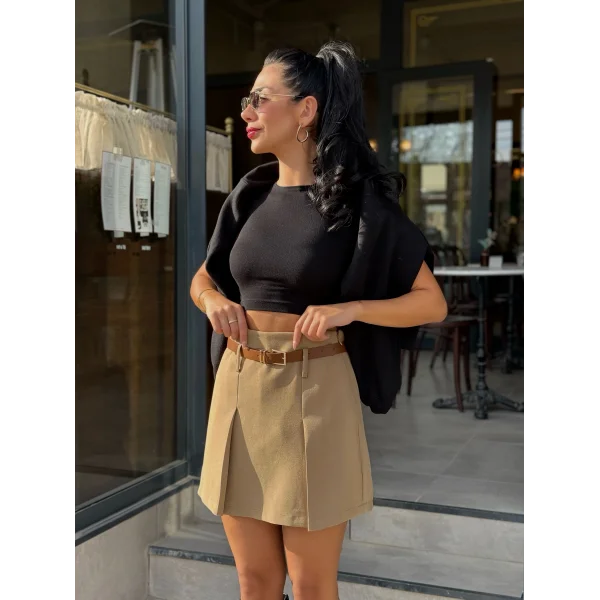 Atlas Kumaş Kemer Detay Şort Etek Haki