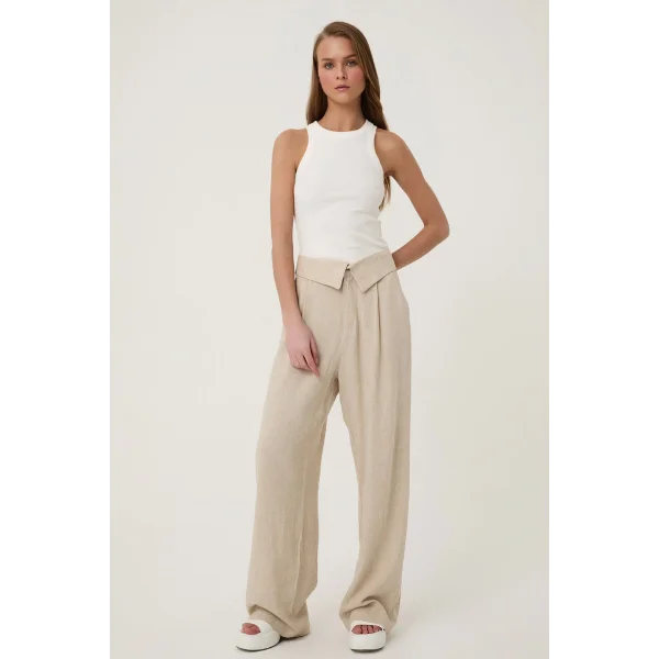 QUZU Bel Detaylı Bol Paça Keten Pantolon Naturel
