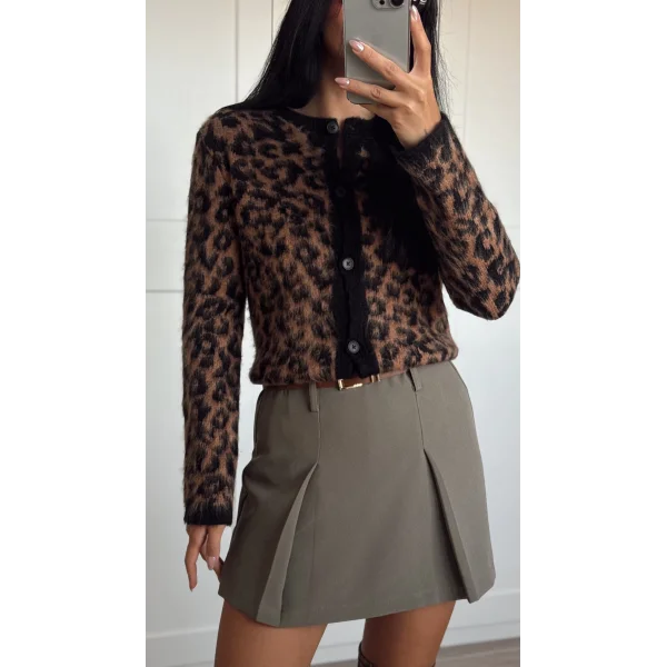 Bisiklet Yaka Kahverengi Leopar Desenli Hırka