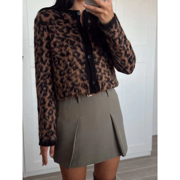 Bisiklet Yaka Kahverengi Leopar Desenli Hırka