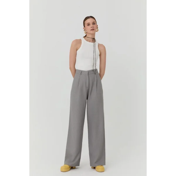 Bol Paça Palazzo Kumaş Pantolon Gri