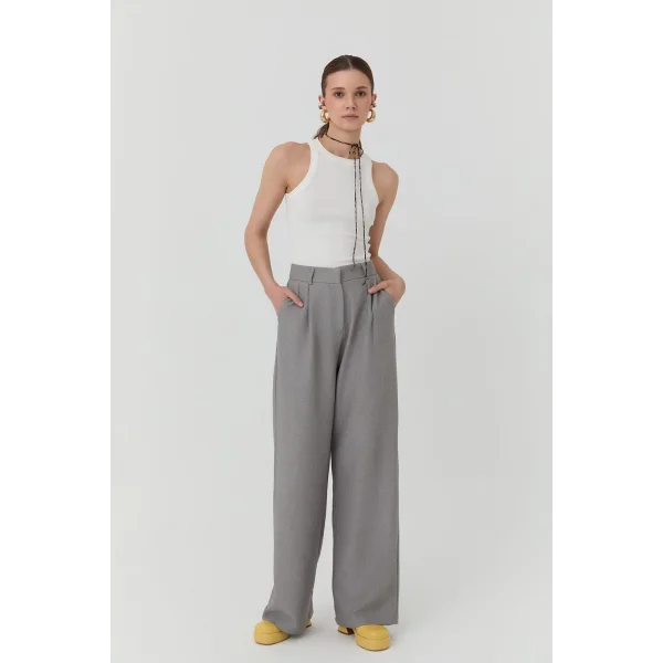 Bol Paça Palazzo Kumaş Pantolon Gri
