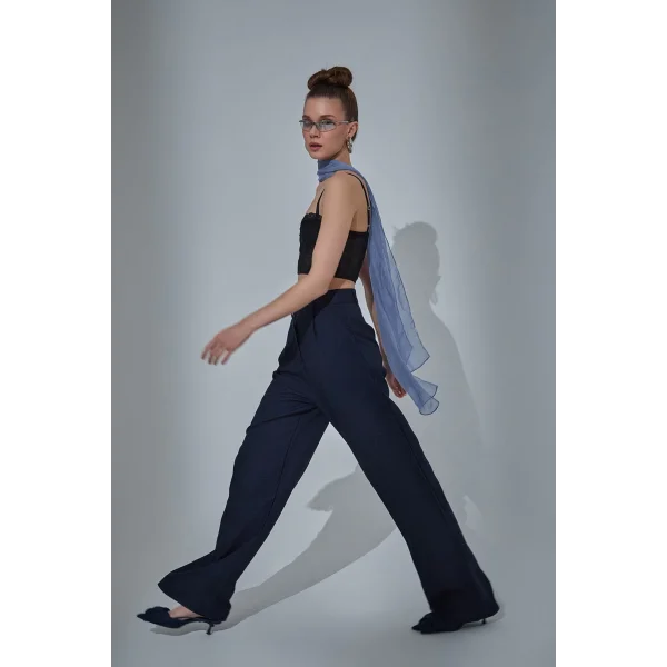 Bol Paça Palazzo Kumaş Pantolon Lacivert