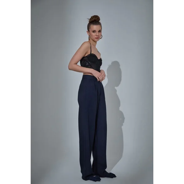 Bol Paça Palazzo Kumaş Pantolon Lacivert