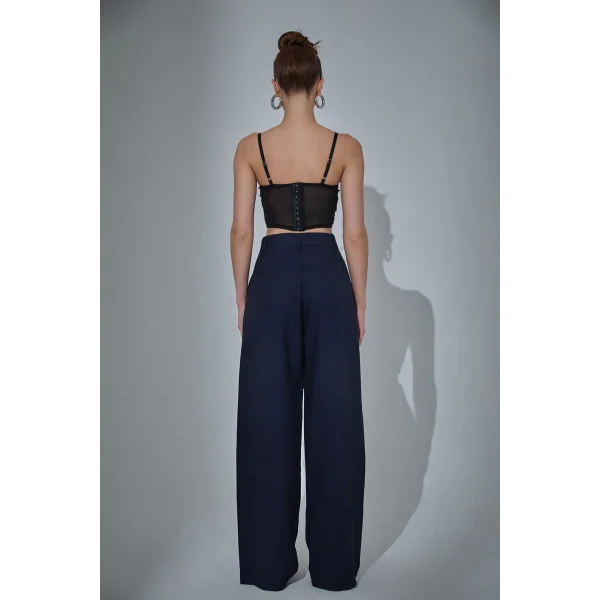 Bol Paça Palazzo Kumaş Pantolon Lacivert